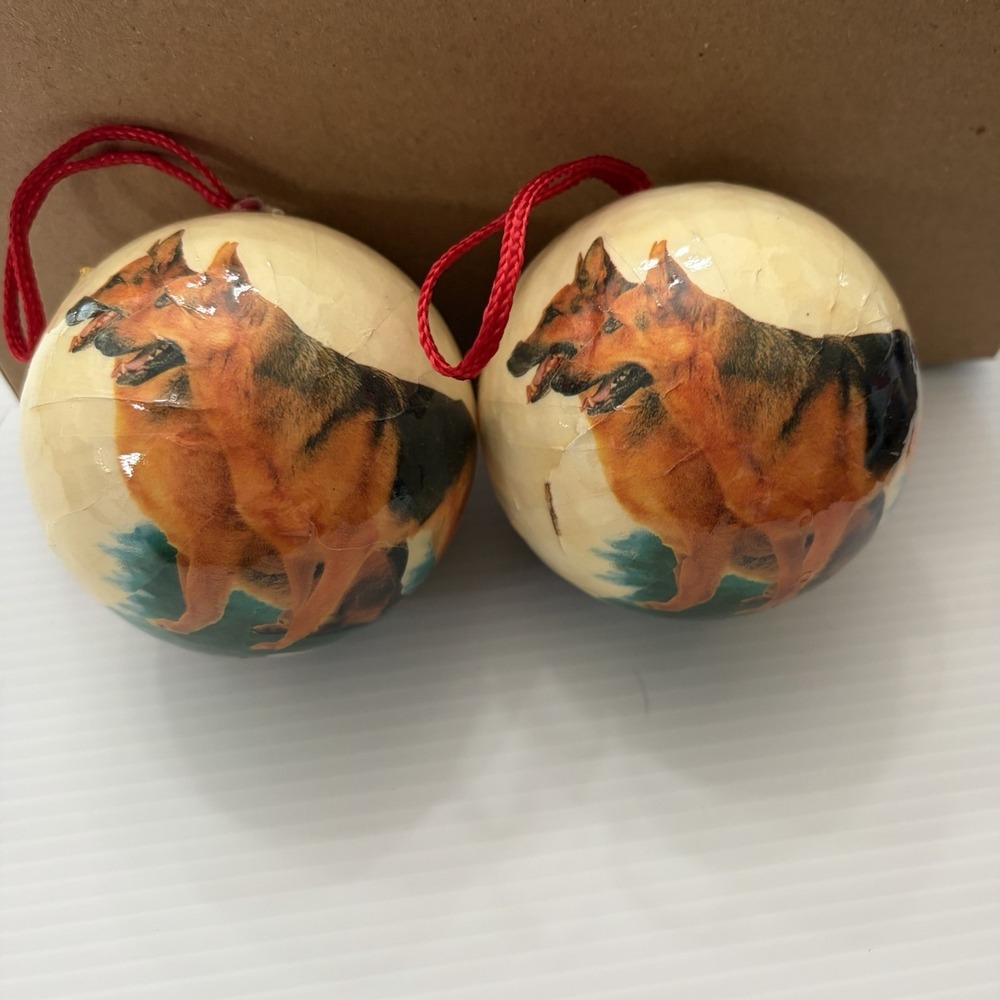 Vintage Decoupage Christmas Ornaments German Shepherd Dogs Holiday Tree Decor